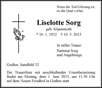Traueranzeige von Liselotte Sorg von Gießener Allgemeine, Alsfelder Allgemeine