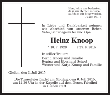 Traueranzeige von Heinz Knoop von Gießener Allgemeine, Alsfelder Allgemeine