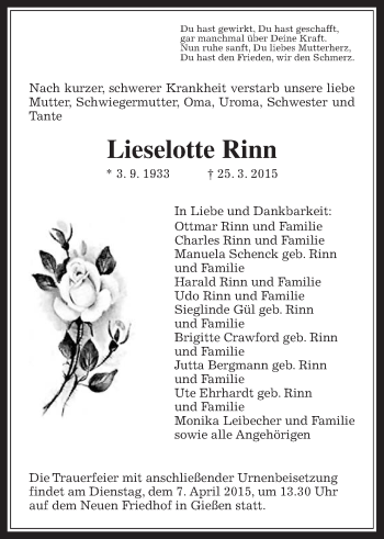 Traueranzeige von Lieselotte Rinn von Gießener Allgemeine, Alsfelder Allgemeine
