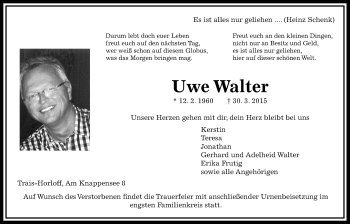 Traueranzeige von Uwe Walter von Licher Wochenblatt, Licher Wochenblatt, Licher Wochenblatt