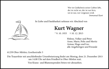 Traueranzeige von Kurt Wagner von Wetterauer Zeitung, Wetterauer Zeitung