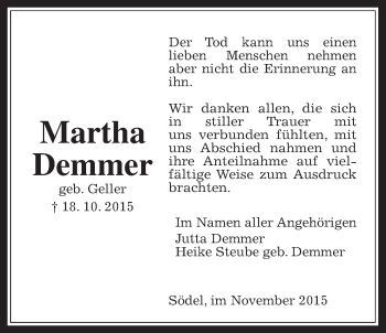 Traueranzeige von Martha Demmer von Wetterauer Zeitung, Wetterauer Zeitung