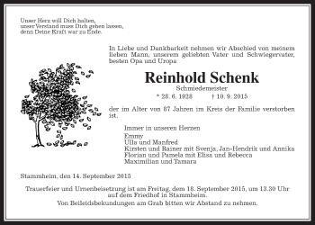 Traueranzeige von Reinhold Schenk von Wetterauer Zeitung, Wetterauer Zeitung