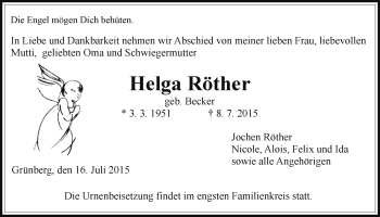 Traueranzeige von Helga Röther von Heimatzeitung Grünberg + Laubach, Laubacher Anzeiger