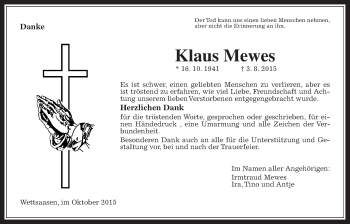 Traueranzeige von Klaus Mewes von Alsfelder Allgemeine