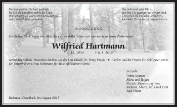 Traueranzeige von Wilfried Hartmann von Gießener Allgemeine, Alsfelder Allgemeine