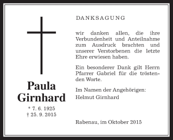 Traueranzeige von Paula Girnhard von Rabenauer Zeitung