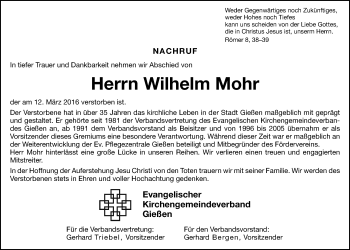 Traueranzeige von Wilhelm Mohr von Gießener Allgemeine, Alsfelder Allgemeine