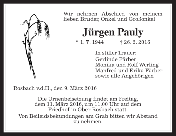 Traueranzeige von Jürgen Pauly von Wetterauer Zeitung, Wetterauer Zeitung