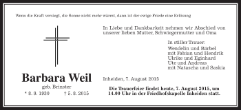 Traueranzeige von Barbara Weil von Gießener Allgemeine, Alsfelder Allgemeine
