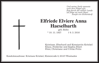 Traueranzeige von Elfriede Elviere Anna Haeselbarth von Wetterauer Zeitung, Wetterauer Zeitung