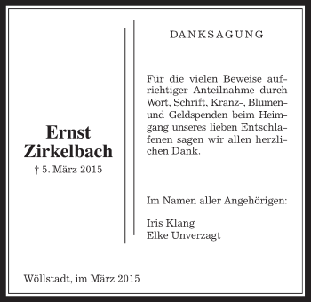 Traueranzeige von Ernst Zirkelbach von Wetterauer Zeitung, Wetterauer Zeitung