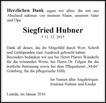 Traueranzeige von Siegfried Hubner von Gießener Allgemeine, Alsfelder Allgemeine