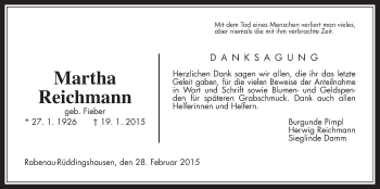 Traueranzeige von Martha Reichmann von Gießener Allgemeine, Alsfelder Allgemeine