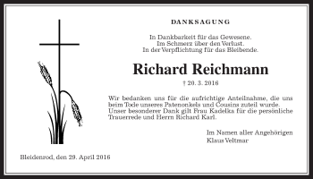 Traueranzeige von Richard Reichmann von Alsfelder Allgemeine