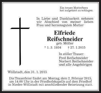 Traueranzeige von Elfriede Reifschneider von Wetterauer Zeitung, Wetterauer Zeitung