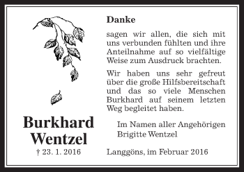 Traueranzeige von Burkhard Wentzel von Gießener Allgemeine, Alsfelder Allgemeine