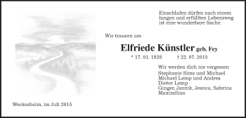 Traueranzeige von Elfriede Künstler von Wetterauer Zeitung, Wetterauer Zeitung