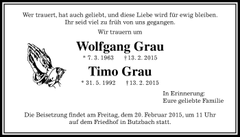 Traueranzeige von Wolfgang und Timo Grau von Gießener Allgemeine, Alsfelder Allgemeine