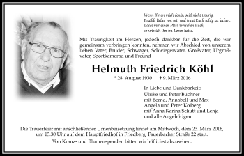 Traueranzeige von Helmuth Friedrich Köhl von Wetterauer Zeitung, Wetterauer Zeitung