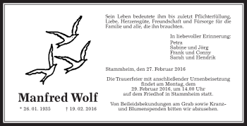 Traueranzeige von Manfred Wolf von Wetterauer Zeitung, Wetterauer Zeitung