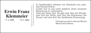 Traueranzeige von Erwin Franz Klemmeier von Wetterauer Zeitung, Wetterauer Zeitung