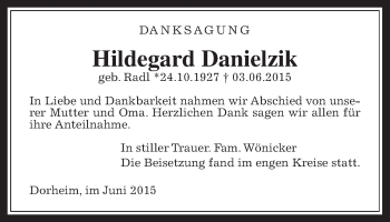 Traueranzeige von Hildegard Danielzik von Wetterauer Zeitung, Wetterauer Zeitung