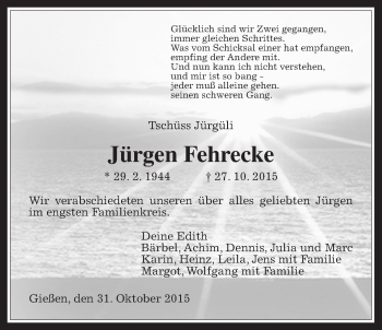 Traueranzeige von Jürgen Fehrecke von Gießener Allgemeine, Alsfelder Allgemeine
