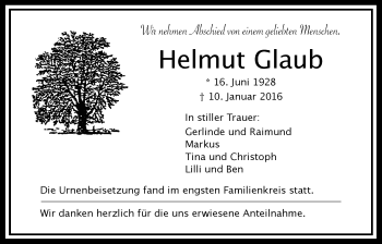 Traueranzeige von Helmut Glaub von Wetterauer Zeitung, Wetterauer Zeitung