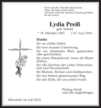 Traueranzeige von Lydia Preiß von Allendorfer Mitteilungen