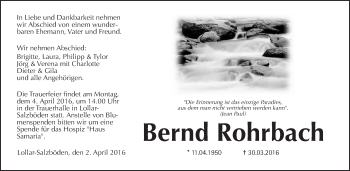 Traueranzeige von Bernd Rohrbach von Gießener Allgemeine, Alsfelder Allgemeine
