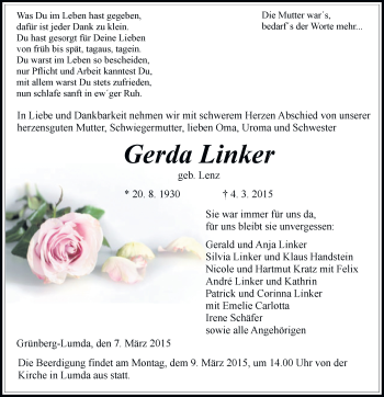 Traueranzeige von Gerda Linker von Gießener Allgemeine, Alsfelder Allgemeine
