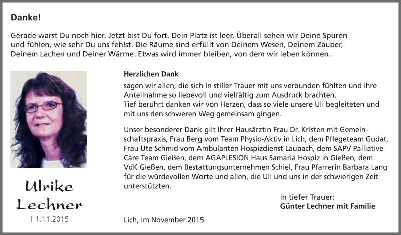  Traueranzeige für Ulrike Lechner vom 19.11.2015 aus Gießener Allgemeine, Alsfelder Allgemeine
