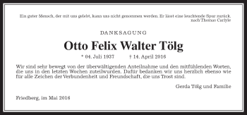 Traueranzeige von Otto Felix Walter Tölg von Wetterauer Zeitung, Wetterauer Zeitung