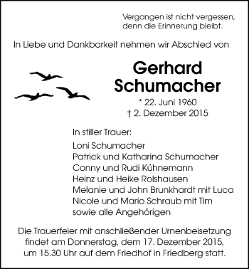 Traueranzeige von Gerhard Schumacher von Wetterauer Zeitung, Wetterauer Zeitung