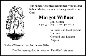 Traueranzeige von Margot Wißner von Gießener Allgemeine, Alsfelder Allgemeine