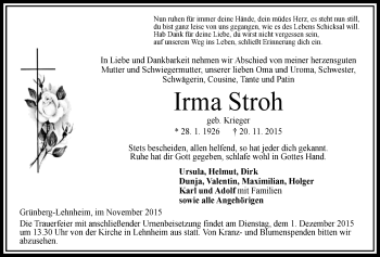 Traueranzeige von Irma Stroh von Gießener Allgemeine, Alsfelder Allgemeine
