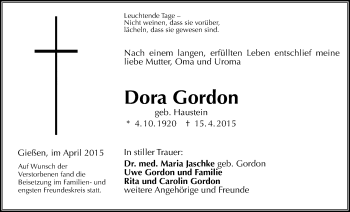 Traueranzeige von Dora Gordon von Gießener Allgemeine, Alsfelder Allgemeine