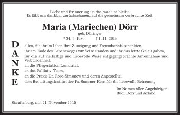 Traueranzeige von Maria Dörr von Gießener Allgemeine, Alsfelder Allgemeine
