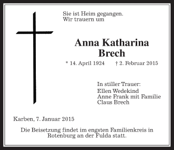 Traueranzeige von Anna Katharina Brech von Wetterauer Zeitung, Wetterauer Zeitung
