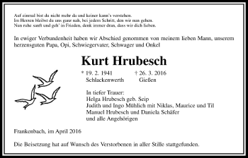 Traueranzeige von Kurt Hrubesch von Gießener Allgemeine, Alsfelder Allgemeine