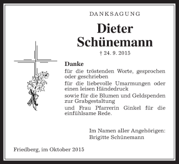Traueranzeige von Dieter Schünemann von Wetterauer Zeitung, Wetterauer Zeitung