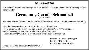 Traueranzeige von Germana Schnaubelt von Gießener Allgemeine, Alsfelder Allgemeine