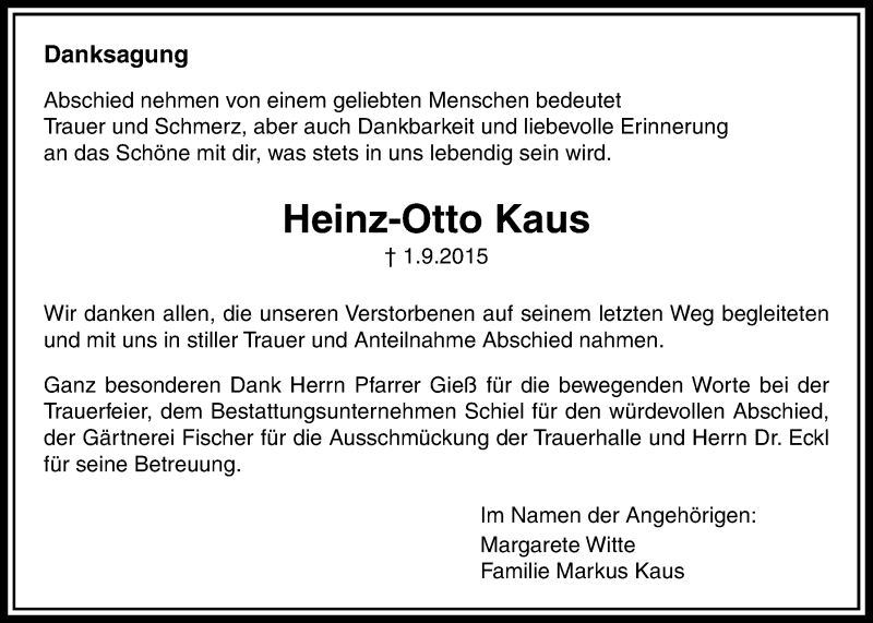  Traueranzeige für Heinz-Otto Kaus vom 24.09.2015 aus Licher Wochenblatt, Licher Wochenblatt, Licher Wochenblatt