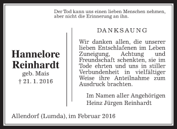 Traueranzeige von Hannelore Reinhardt von Allendorfer Mitteilungen, Rabenauer Zeitung
