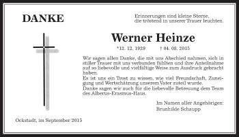 Traueranzeige von Werner Heinze von Wetterauer Zeitung, Wetterauer Zeitung