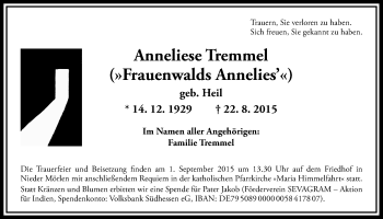 Traueranzeige von Anneliese Tremmel von Wetterauer Zeitung, Wetterauer Zeitung