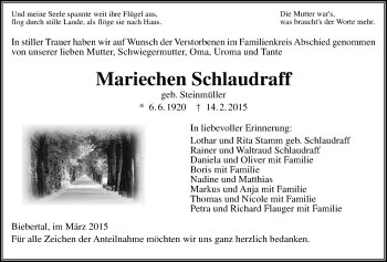 Traueranzeige von Mariechen Schlaudraff von Gießener Allgemeine, Alsfelder Allgemeine