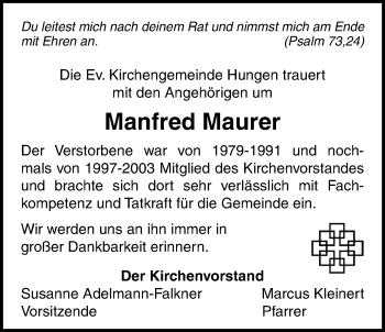 Traueranzeige von Manfred Maurer von Licher Wochenblatt, Licher Wochenblatt, Licher Wochenblatt