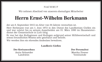 Traueranzeige von Ernst-Wilhelm Berkmann von Gießener Allgemeine, Alsfelder Allgemeine